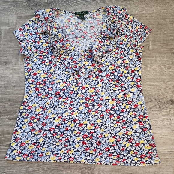 Lauren Ralph Lauren Tops - LAUREN By RALPH LAUREN Floral Sleeveless V Neck Ruffle Neck Top